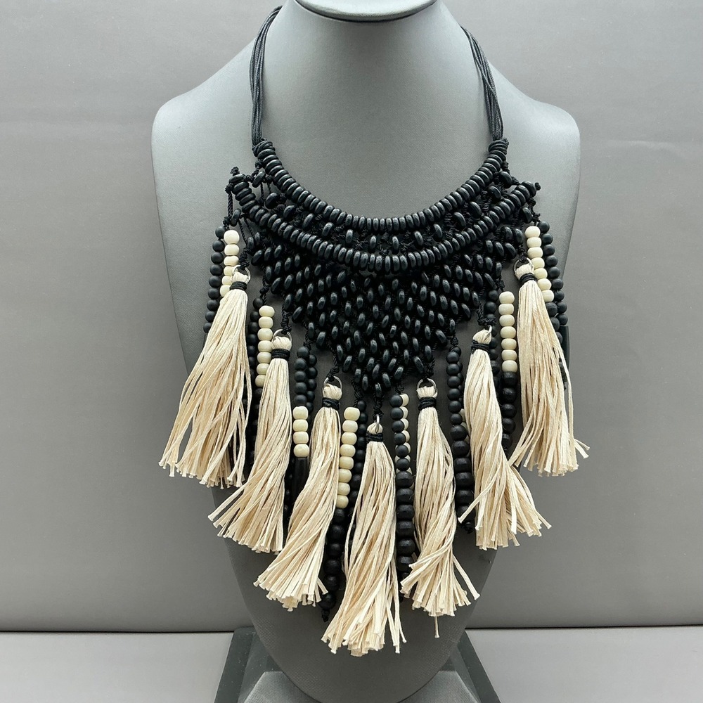 Chico's Necklace NWT Black Cream Beaded Tassel Fringe Bib Boho Statement